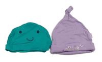 2x bavlněná čepice - tyrkysová s očima + lila s kvietkami