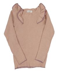 Svetloružový melírovaný rebrovaný sveter s volánikmi PRIMARK