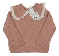 Nové - Růžový melírovaný vlněný svetr s límečkem s madeirou H&M