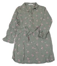 Khaki ľahké kvetované košeľové šaty s opaskom H&M