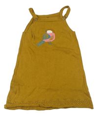 Horčicové pletené šaty s vtáčikom Tu