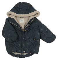 Tmavosivá šušťáková prešívaná zimná bunda so srdiečkami a kapucňou Next