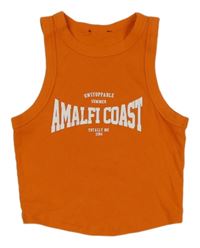 Oranžový rebrovaný crop top s nápisom