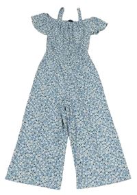 Modro-bílý květovaný mačkaný kalhotový culottes overal New Look