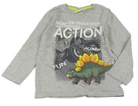 Sivé melírované tričko s monster truckem a 3D dinosaurom zn. Kids