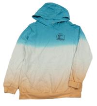 Azurovo-bielo-svetlooranžová mikina s nápisom a vlnou a vreckom a kapucňou Tu