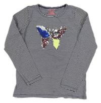 Tmavomodro-bílé pruhované triko s motýlkem z překlápěcích flitrů REVIEW