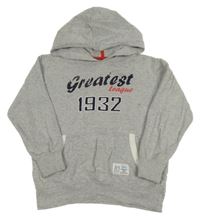 Sivá melírovaná mikina s číslom a nápismi a vreckom a kapucňou