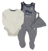 Nové - 3Set - tmavomodro-bílé pruhované dupačky s medvídky a kapsou + čepice + bílo/šedé body George