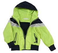 Limetkovo-bílo-tmavomodrý šusťákový jarní bomber s pruhy a kapucí Angel-Kids