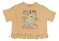 Světleoranžové tričko s palmami a květy a nápisy a flitry a třásněmi George