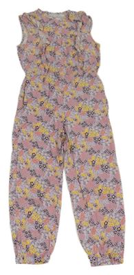 Svetloružový nohavicový overal s kvietkami a volánikmi POCOPIANO