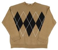 Hnedo-čierno-biely pletený sveter s károvaným vzorom H&M