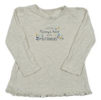 Smetanovo-světlešedé melírované triko s nápisy a kytičkami a volánkem George