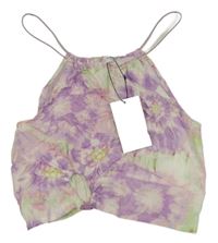 Nové - bielo-fialovo-svetloružová -zelený batikovaný plátenný blúzková ý crop top s prestrihom ZARA