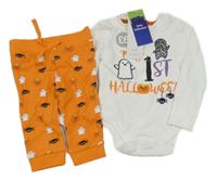 Nové - 2Set - Oranžové tepláky s dýněmi a duchy a pavouky + bílé body F&F