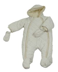 Biela šušťáková zimná kombinéza s kapucí + rukavice Mamas&Papas