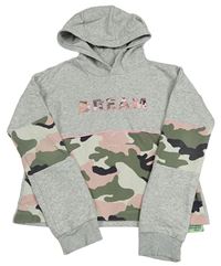 Šedo-army crop mikina s nápisom s flitrami a kapucňou F&F