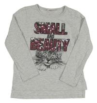 Svetlosivé melírované tričko s mačkou a nápisem z překlápěcích flitrů LC Waikiki