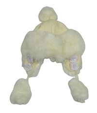 Smotanová pleteno/kožešinová čapica s bambulemi