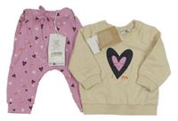 Nové - 2set - Béžová mikina se srdcem + růžové tepláky s hvězdami a srdíčky Name it