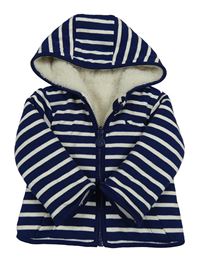 Tmavomodro-smotanová pruhovaná zateplená obojstranná mikina s kapucňou Joules