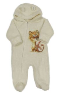 Smetanová chlupatá kombinéza s tygrem a kapucí