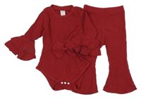 2set - Vínové žebrované body s mašlí + flare legíny Shein