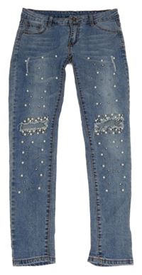 Modré skinny rifle s perlami a dírami na kolenou