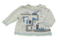 Světlešedé melírované triko s dopravními stroji a silnicí Topomini