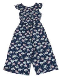Tmavomodrý ľahký culottes overal s palmami Y.F.K.
