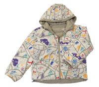 Smotanová šušťáková zateplená obojstranná funkčná bunda s obrázkami a kapucňou The North Face