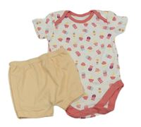 2 set - Bielo-ružové vzorované body so zmrzlinami + vanilkové kraťasy
