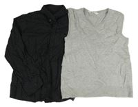 2 set - černá puntíkatá košile + šedá pletená vesta 