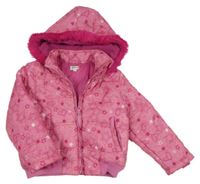 Růžová šusťáková zimní bunda se srdíčky a kapucí NKD