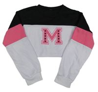 Čierno-bielo-ružová crop mikina s písmenem