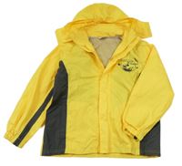 Žluto-šedá šusťáková jarní bunda s nápisem a kapucí 