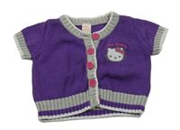 Fialová pletená prepínaci vesta s šedým lemem a Hello Kitty