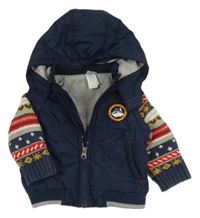 Tmavomodrá šusťáková lehce zateplená bunda s pletenými rukávy a kapucí C&A