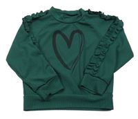 Tmavozelené rebrované tričko so srdcem a volánikmi