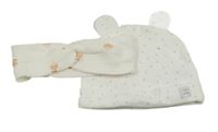2 set - bílá puntíkatá čepice + bílá čelenka s růžovými kvítky 