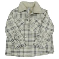 Bielo-sivo-béžová kockovaná menšestrová zateplená košeľová bunda s golierikom s beránkem zn.tu