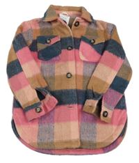 Ružovo-tmavomodro-okrová kockovaná flaušová košeľová bunda zn. Primark