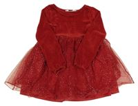 Červené žinylkové šaty s tylovou třpytivou sukní a volánikmi H&M