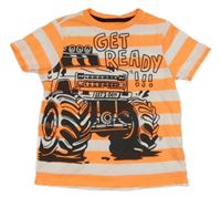 Bílo-neonově oranžové pruhované tričko s autem F&F