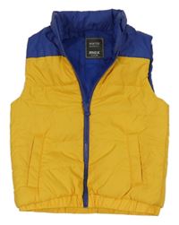 Žlto-tmavomodrá šušťáková zateplená vesta