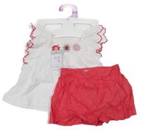 Nové - 2set - Bílo-červená halenka s květy + lehké lněné kraťasy Primark