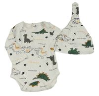 2set- bílé žebrované body s dinosaury+ čepice