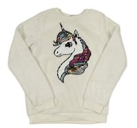 Biela plyšová mikina s jednorožcem z flitrů H&M