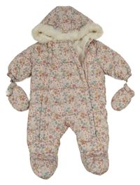 Světlerůžová květovaná šusťáková zimní kombinéza s kapucí + rukavice F&F